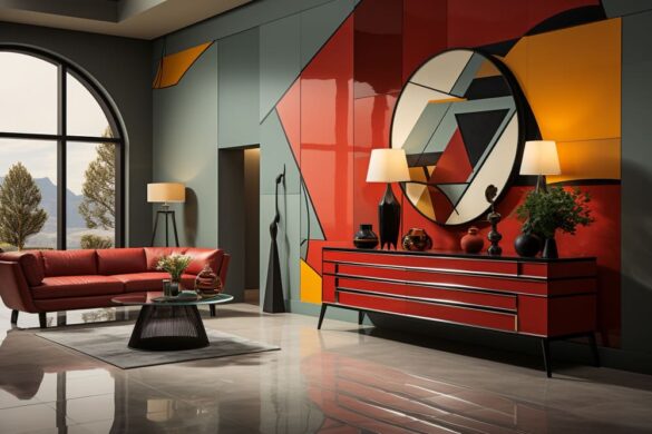 Salon contemporain avec mur géométrique coloré rouge et jaune, canapé bordeaux et innovations décoratives artistiques dans un intérieur lumineux