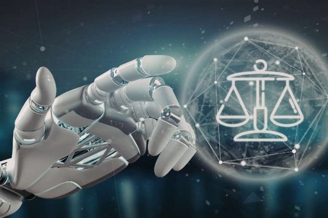 Une main de robot blanche s'approche d'une balance de la justice lumineuse dans une sphère technologique.