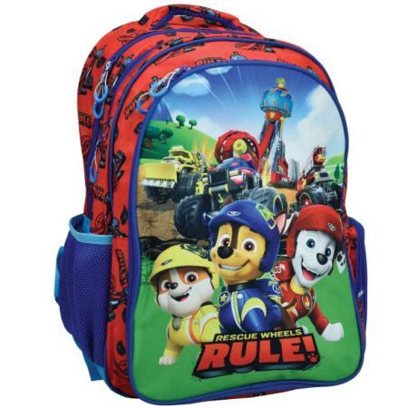 Sac à dos scolaire rouge et bleu imprimé avec les chiens de la Pat Patrouille et des camions.